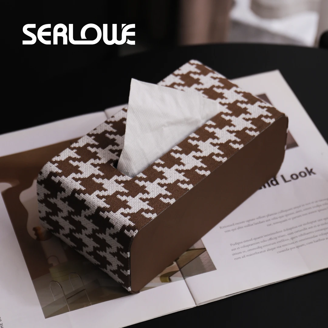 简约百搭千鸟格纹皮革布艺纸巾盒家居香薰托盘样品间桌面摆件装饰