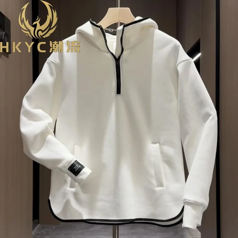 HKYC高级加绒加厚连帽开衩半拉链卫衣情侣同款防寒保暖上衣宽松
