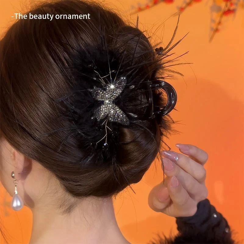 高级感蝴蝶羽毛抓夹女2025年新款发夹后脑勺显发量盘发鲨鱼夹发卡