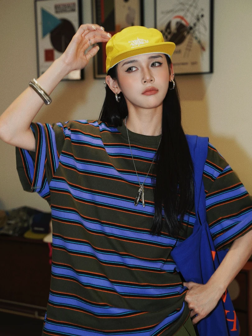 杨九七 夏季港风复古条纹T恤宽松休闲百搭短袖中性时尚上衣 7541