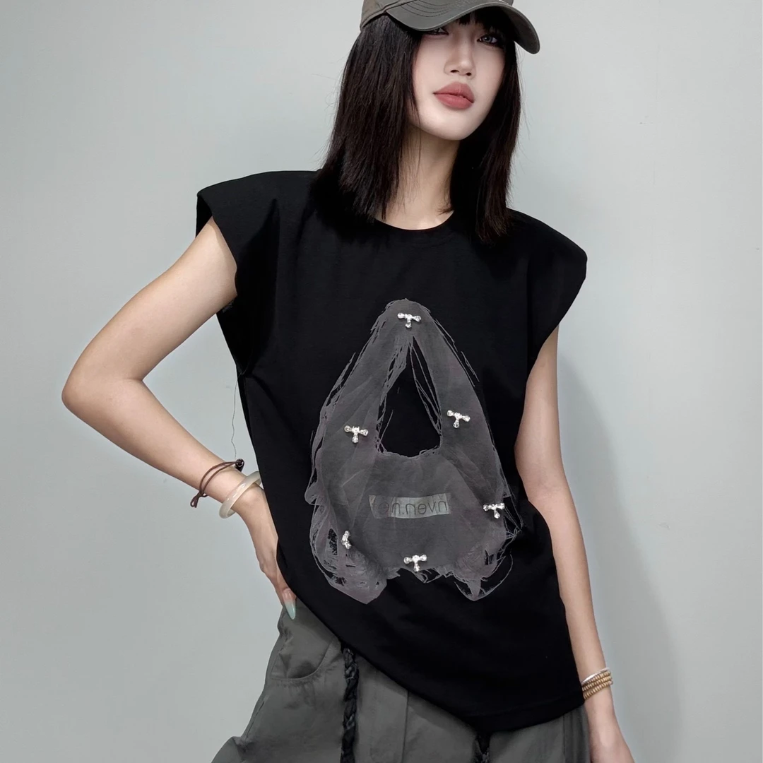 221#2025夏季新款设计感洋气圆领印花钉钻百搭无袖T恤衫宽松百搭