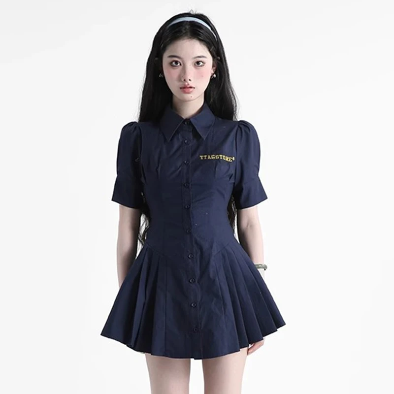 时尚学院风气质夏季衬衫裙收腰显瘦藏青色高腰短裙D0775