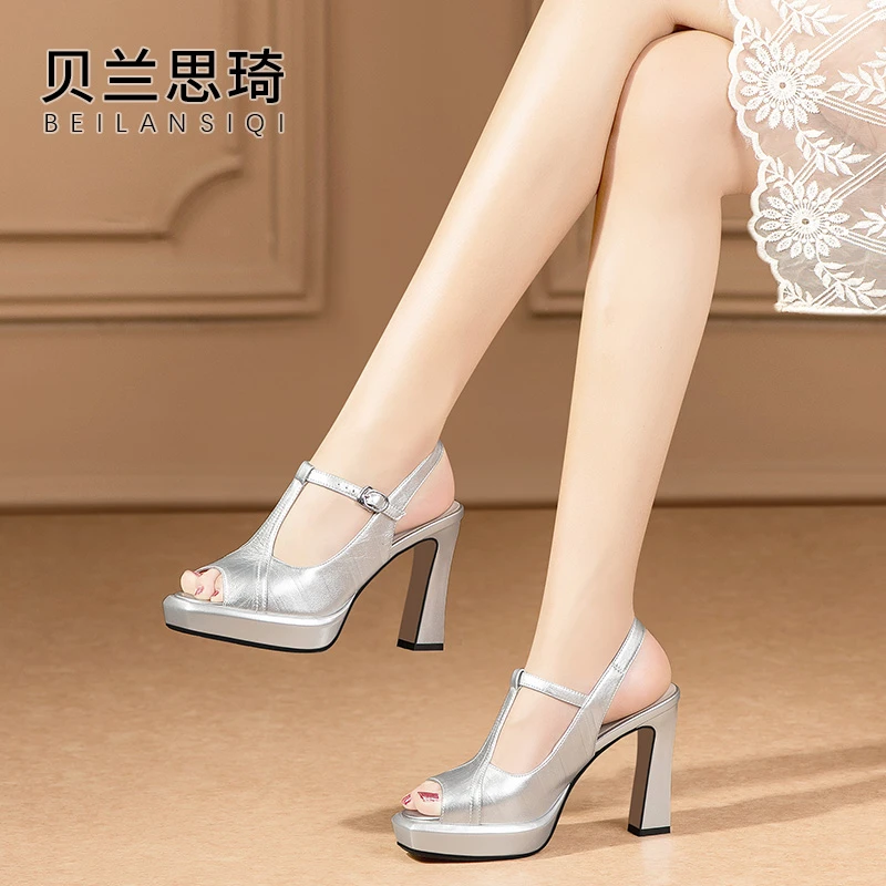 真皮厚底鱼嘴粗跟凉鞋女2025夏季新款丁字带防水台高跟凉鞋6721