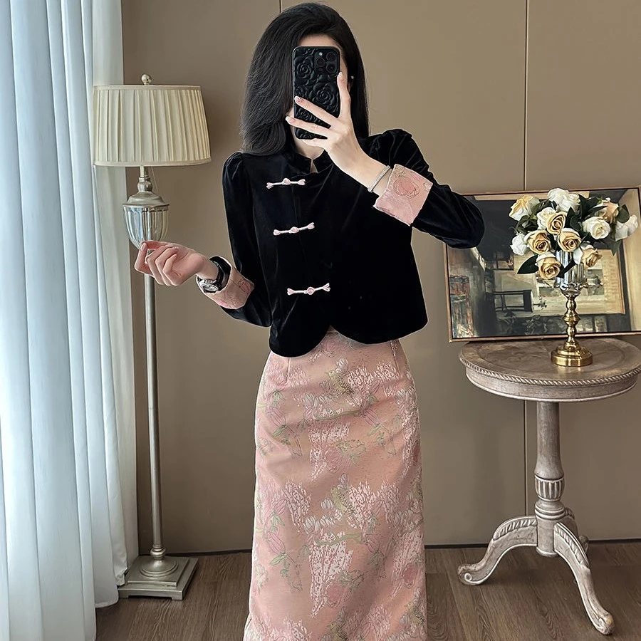 春季复古风盘扣上衣开叉半身裙两件套女御姐气质新中式国风套装裙