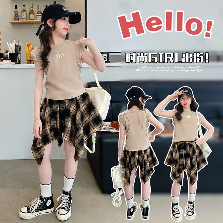 中大童夏季女孩极简风薄款套装半身裙童装洋气学院风女孩韩版