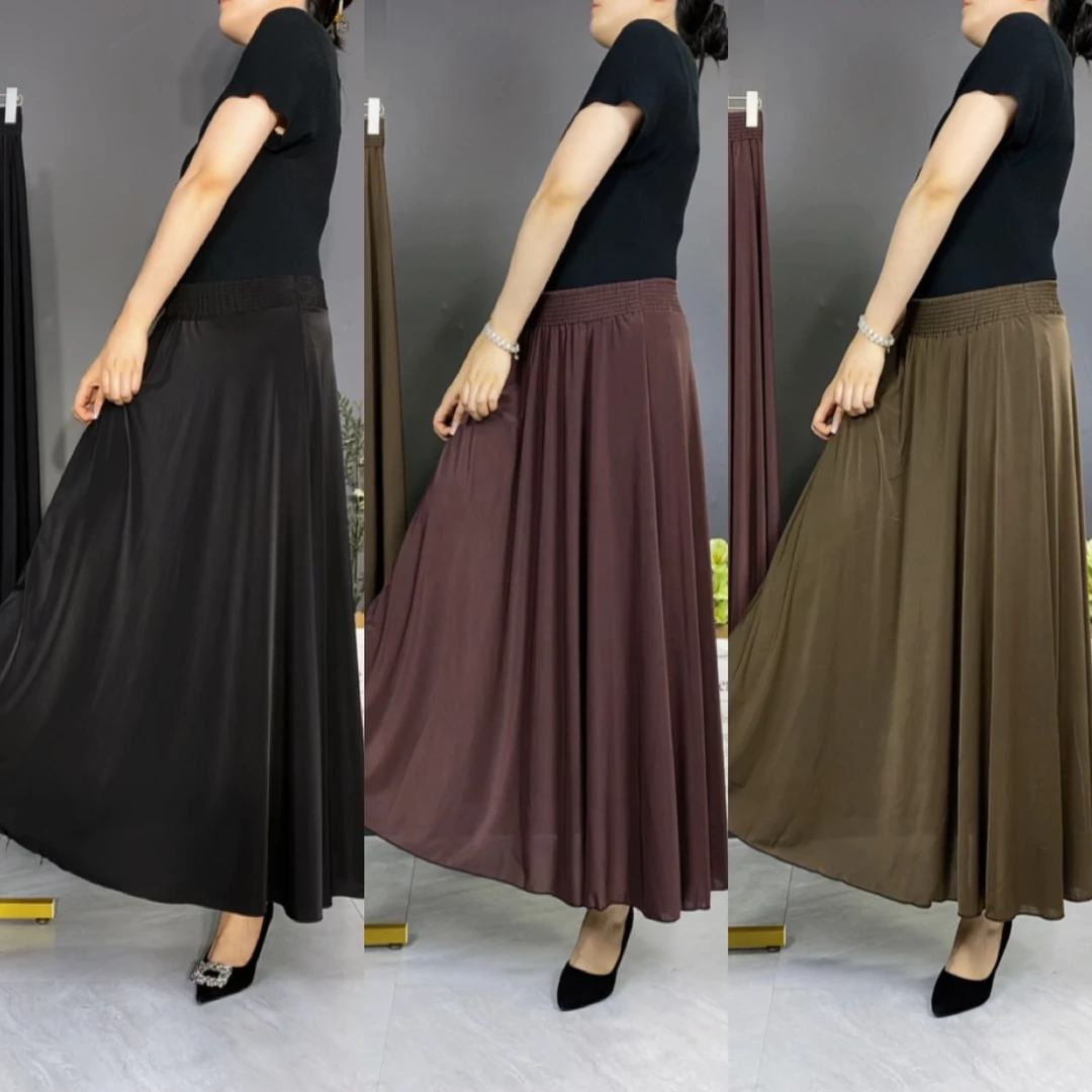 （带口袋）高腰冰丝时尚纯黑色显瘦宽松百搭妈妈装松紧腰半身裙春夏