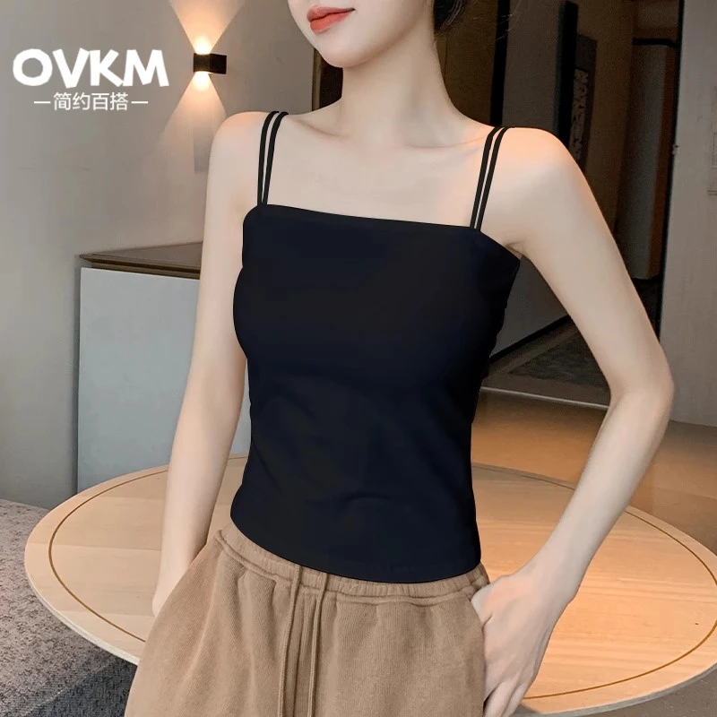 OVKM黑色小吊带背心女内搭夏季带胸垫外穿2025新款美背一字肩打底