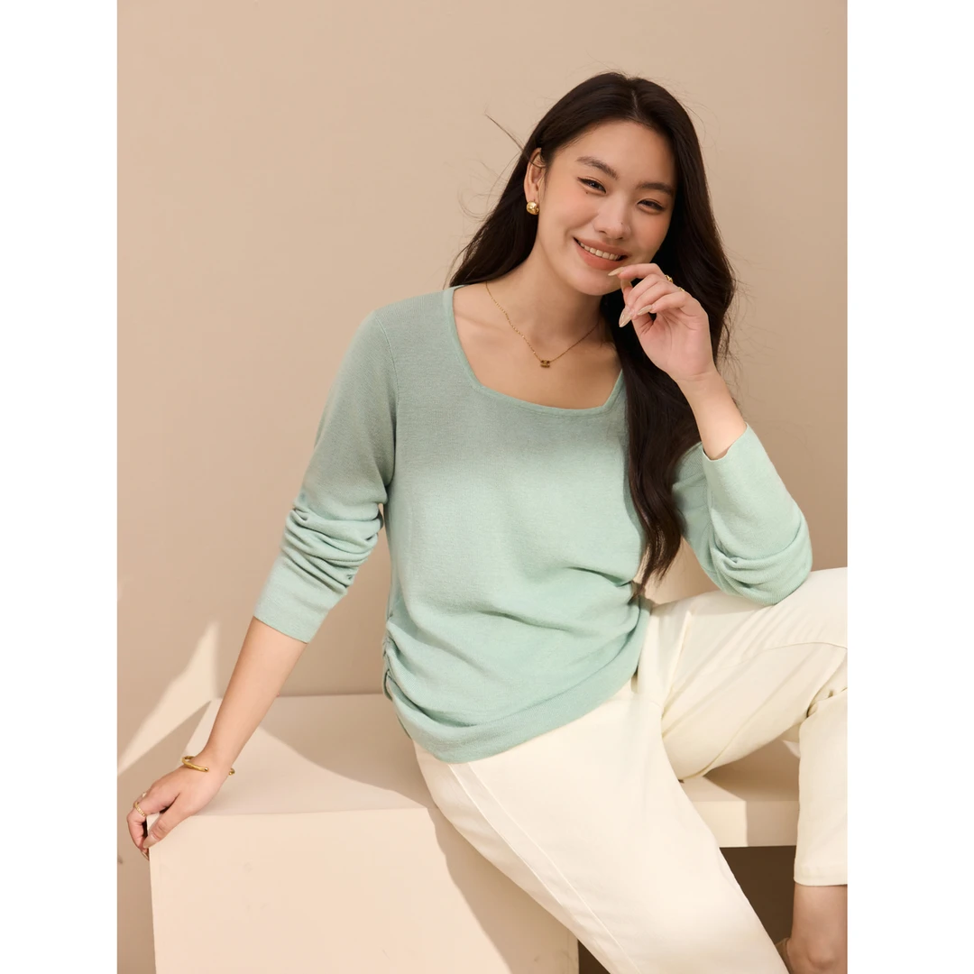 【初恋②】纤莉秀大码女装流光风方领软糯舒芙蕾早秋针织衫QK3728