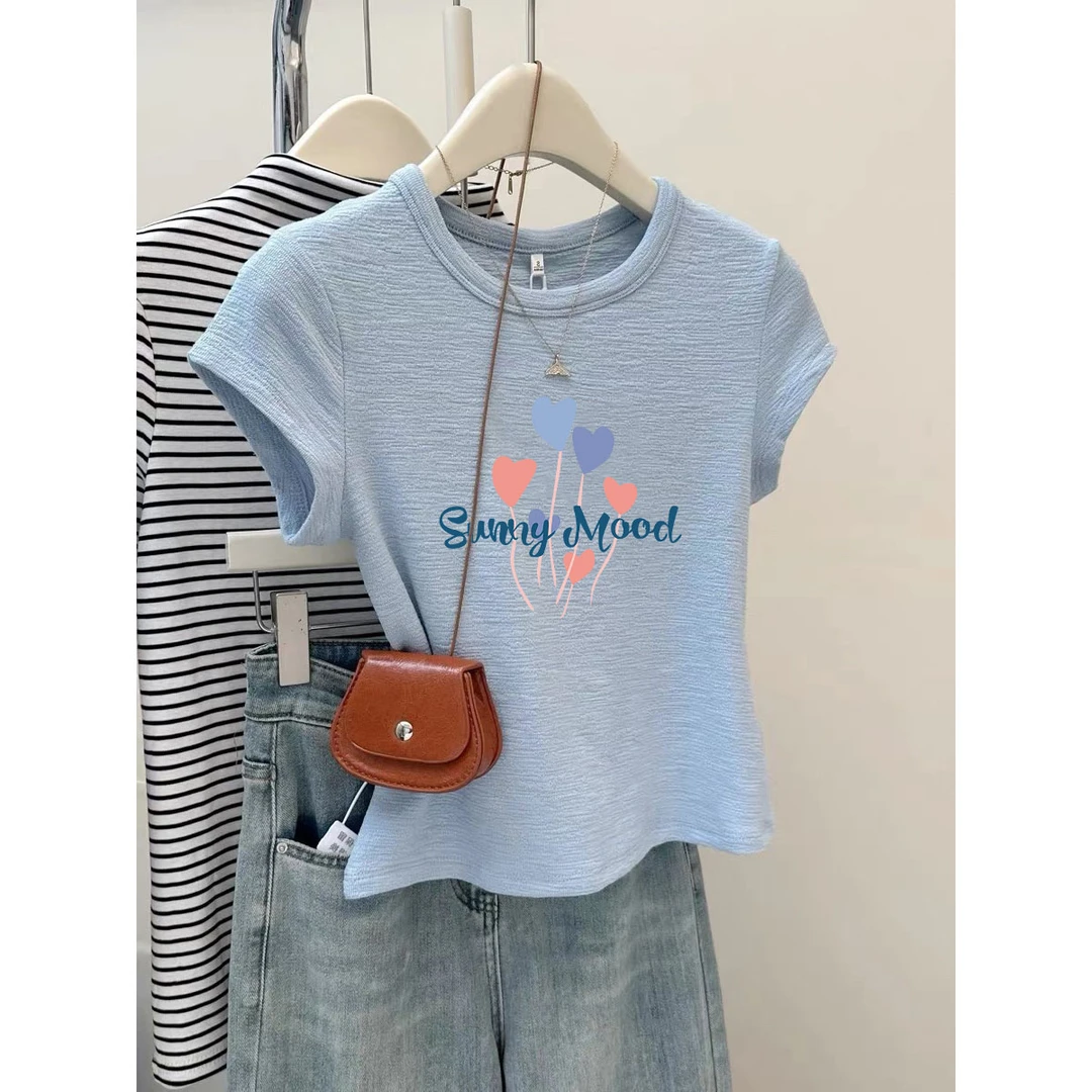 天蓝色小个子T恤衫女士洋气竹节棉圆领2025夏季新款韩版短款上衣