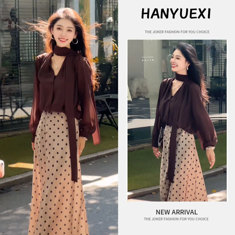 早秋搭配一整套女装2025新款韩版V领飘带衬衫波点半身裙两件套潮