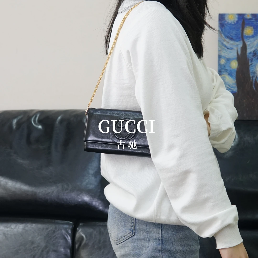 95新 GUCCI/古驰 黑色双G链条钱包/HD03318257/8257