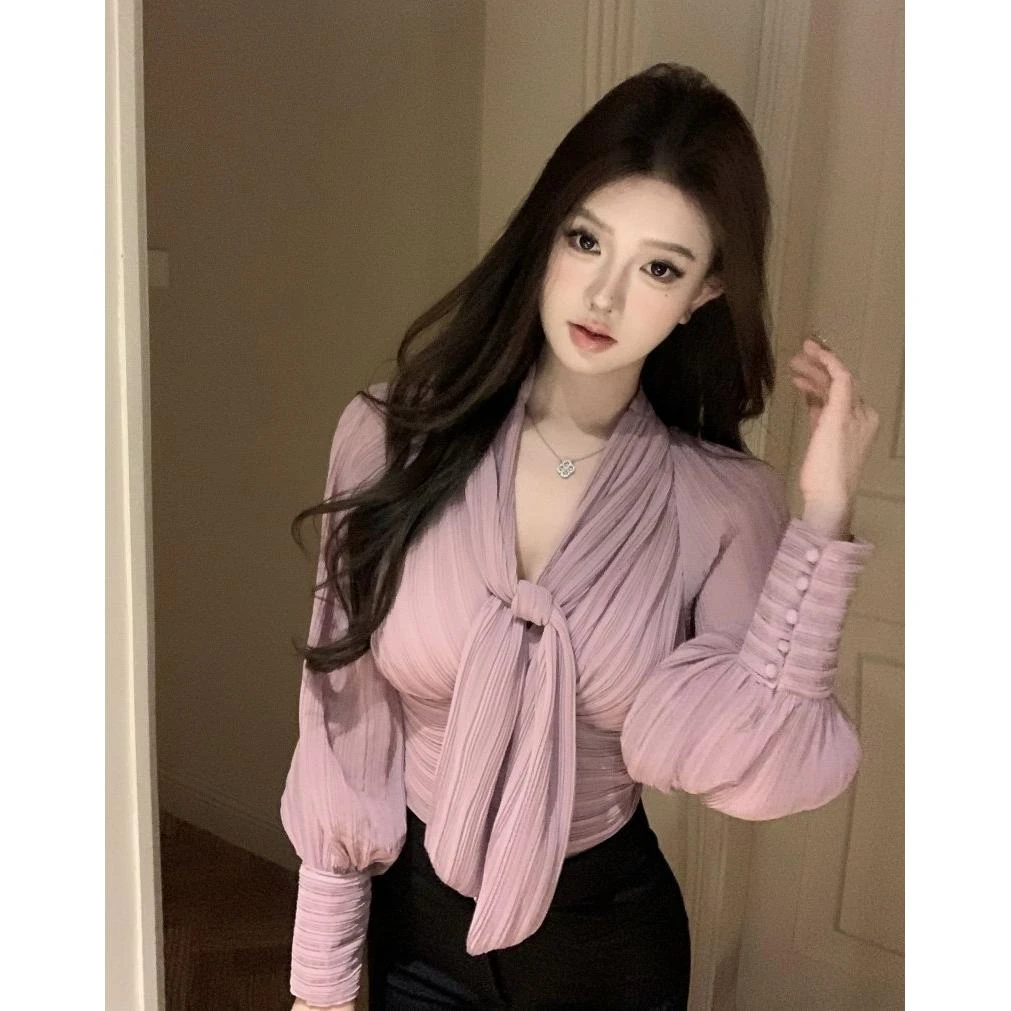 温柔风飘带v领长袖衬衫女春季修身收腰短款衬衣设计别致绝美上衣