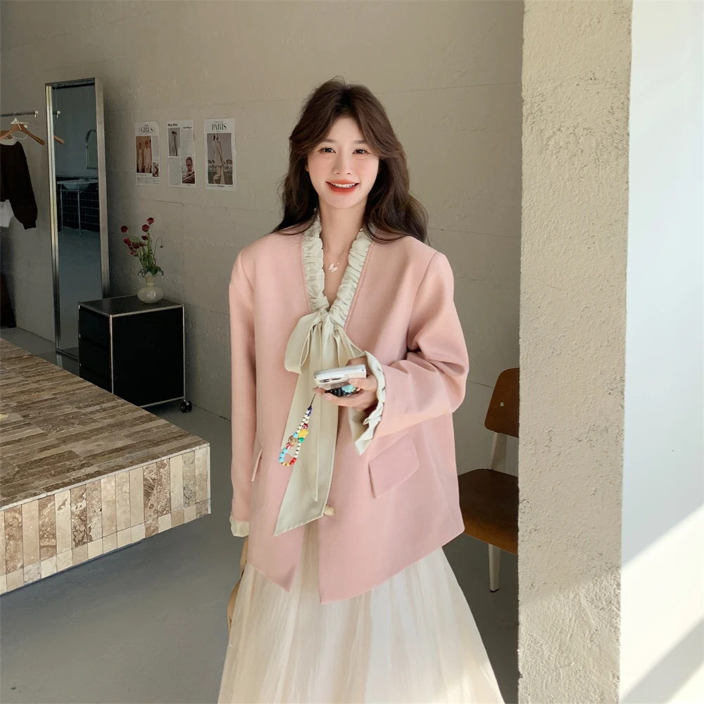 小香风粉色西装外套女春秋2025新款温柔风减龄蝴蝶结西服爆款流行