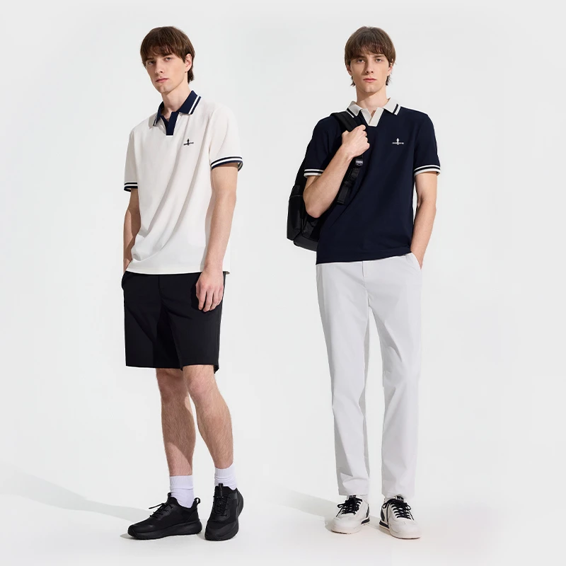 【轻量机理面料】比音勒芬2025春夏海鸥领休闲撞色条纹短袖polo衫-1