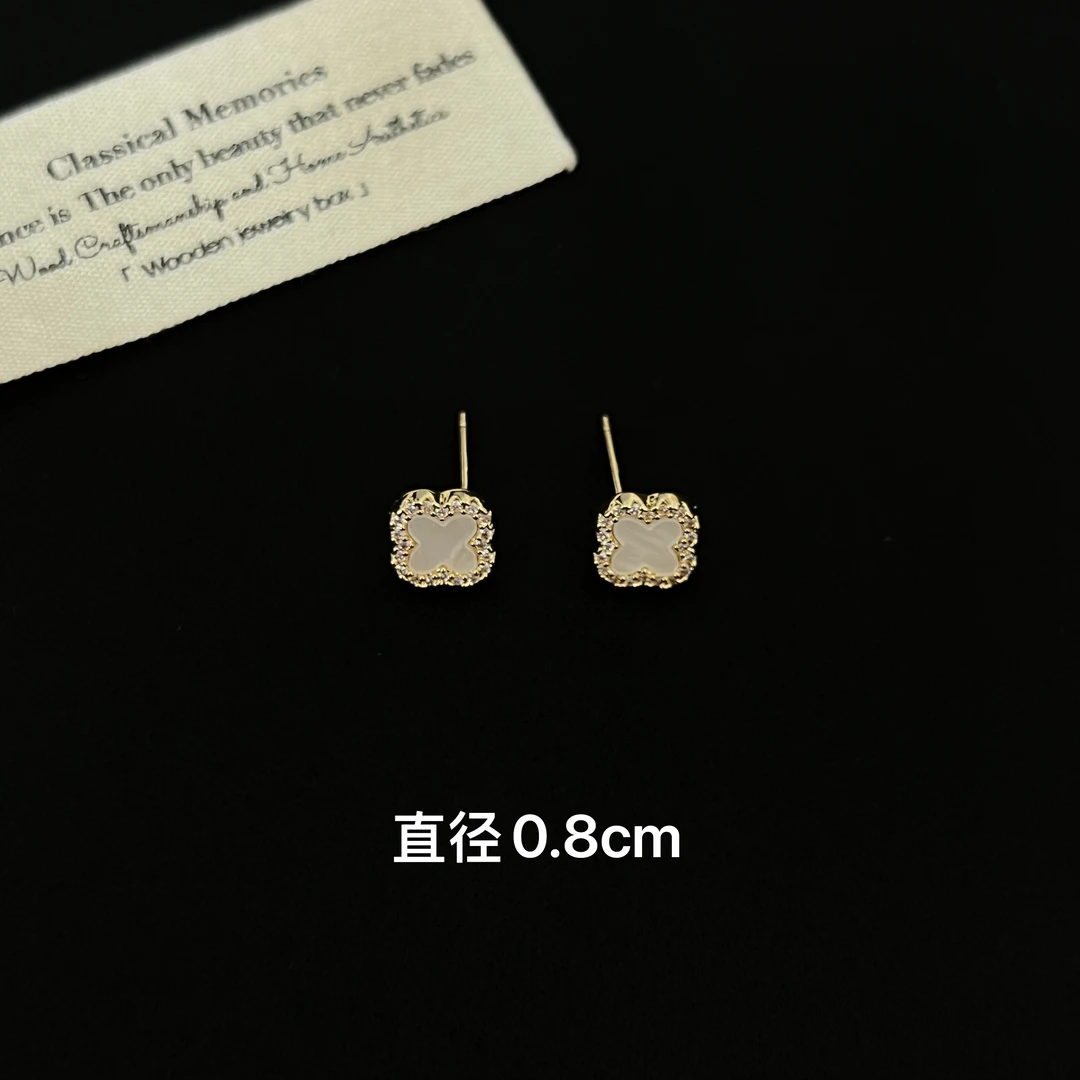 铜合金锆石耳饰 耳环轻奢经典百搭白贝四叶草耳钉7676