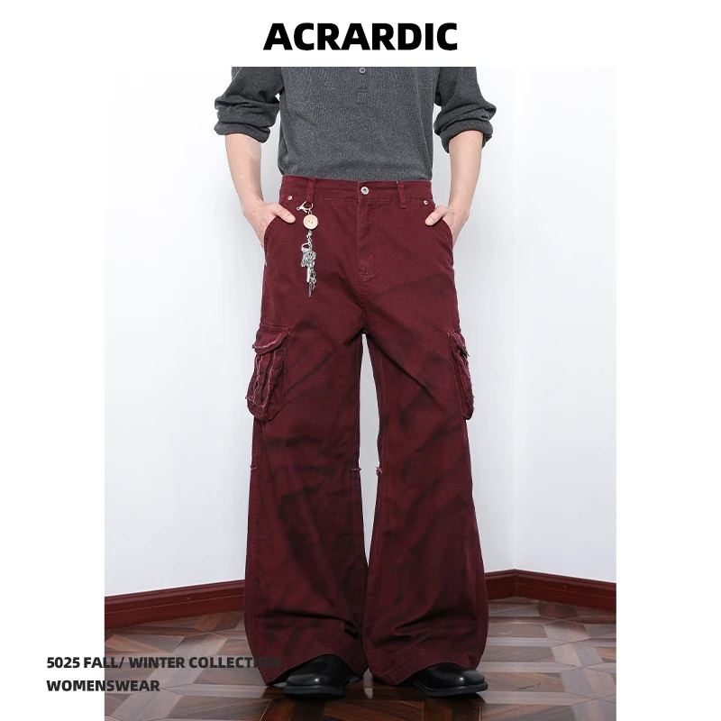ACRARDIC高街红色脏染多口袋工装裤男美式vibe小众宽松直筒裤子潮