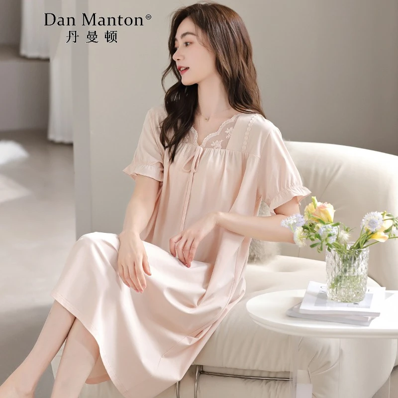 丹曼顿睡裙女夏季纯棉短袖薄款夏天睡衣裙2025新款纯色花边连衣裙