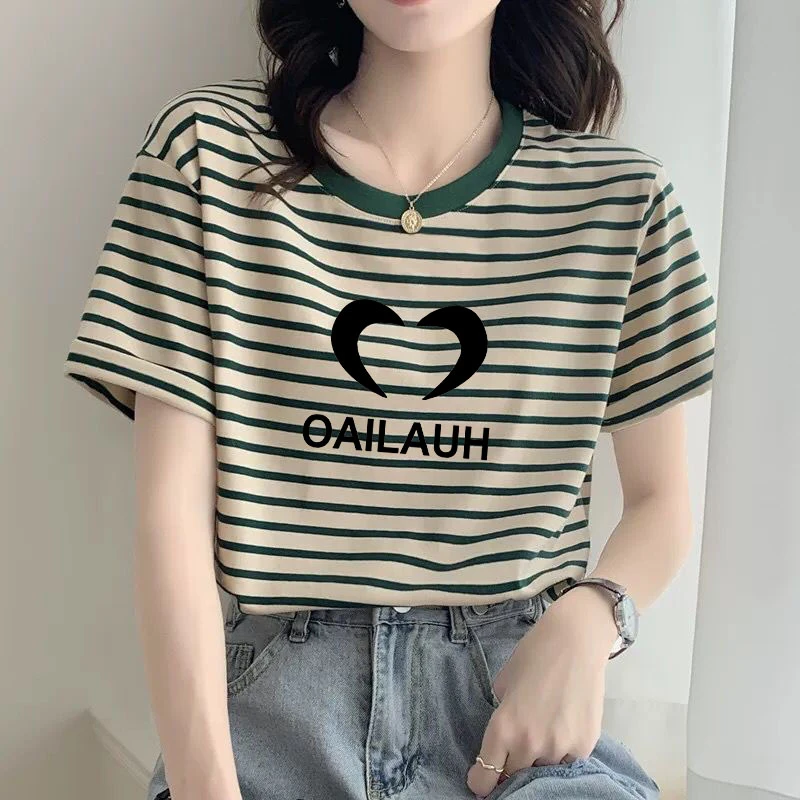 撞色圆领条纹短袖t恤女宽松半袖上衣2025年夏季宽松大码打底衫