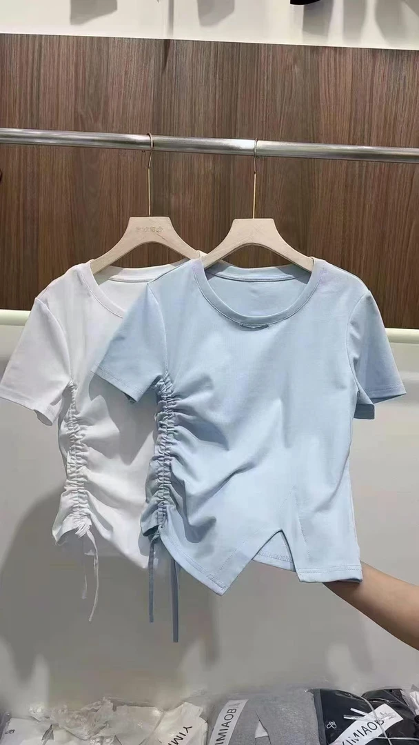 新款时尚百搭显瘦女式短袖T恤抽绳不规则上衣纯棉财阀千金女装