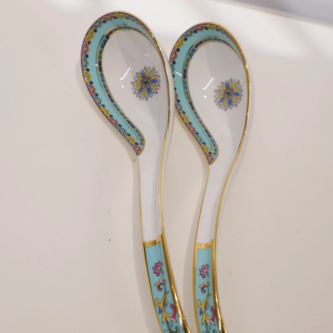 福浅蓝色陶瓷汤勺子描金家用手工酒店创意手绘金边珐琅彩釉下彩