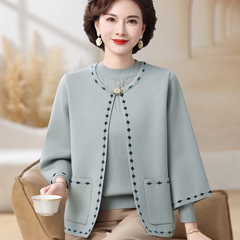 妈妈秋装针织红色两件套装女士秋冬纯色毛衣开衫中老年宽松上衣服