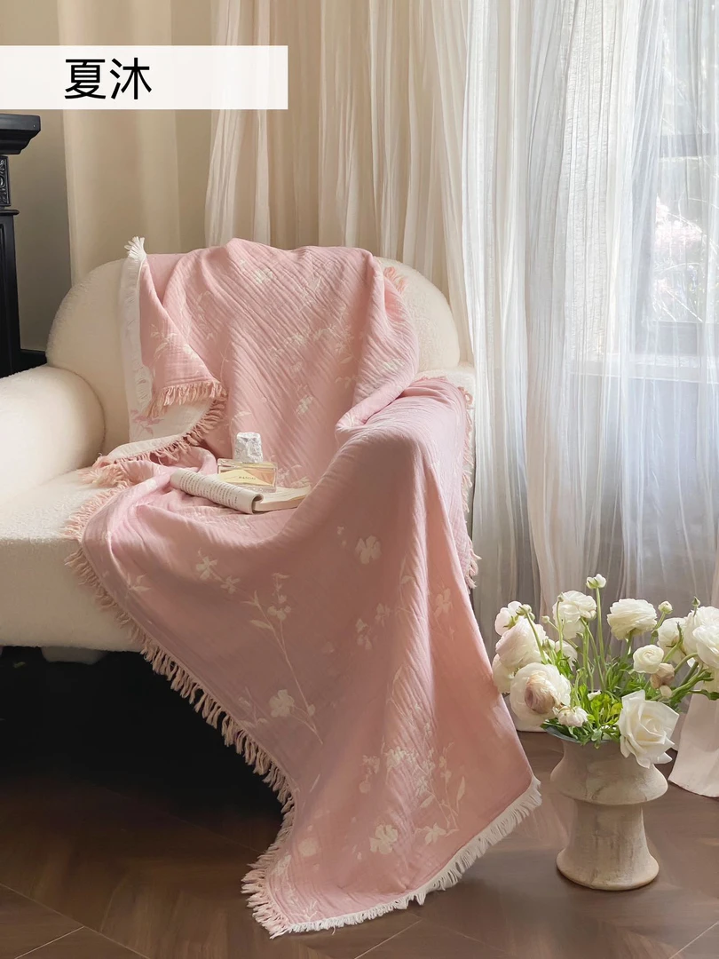 小茹家居  夏季福利全棉四层纱流苏盖毯设计师款披肩盖毯