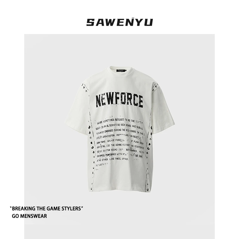 SAWENYU美式夏季字母印花宽松短袖T恤复古新款半袖休闲情侣上衣男