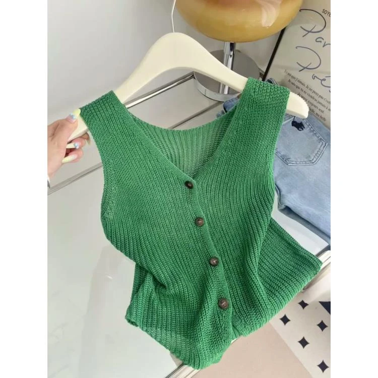 小香风2025夏季新款高级感绿色针织开衫马甲女夏v领无袖背心上衣