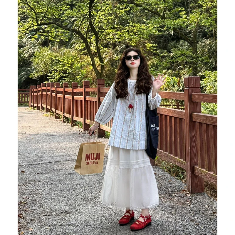 法式轻奢夏季一整套淑女圆领长袖上衣条纹小众搭配茶歇氛围半身裙