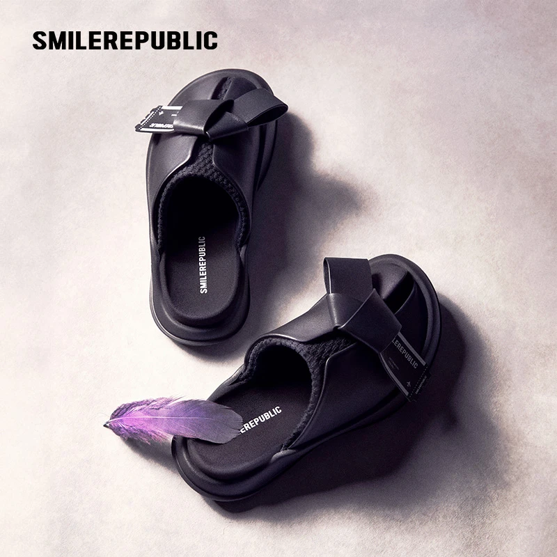 smilerepublic2025新款黑/白色蝴蝶结方扣厚底半拖休闲百搭