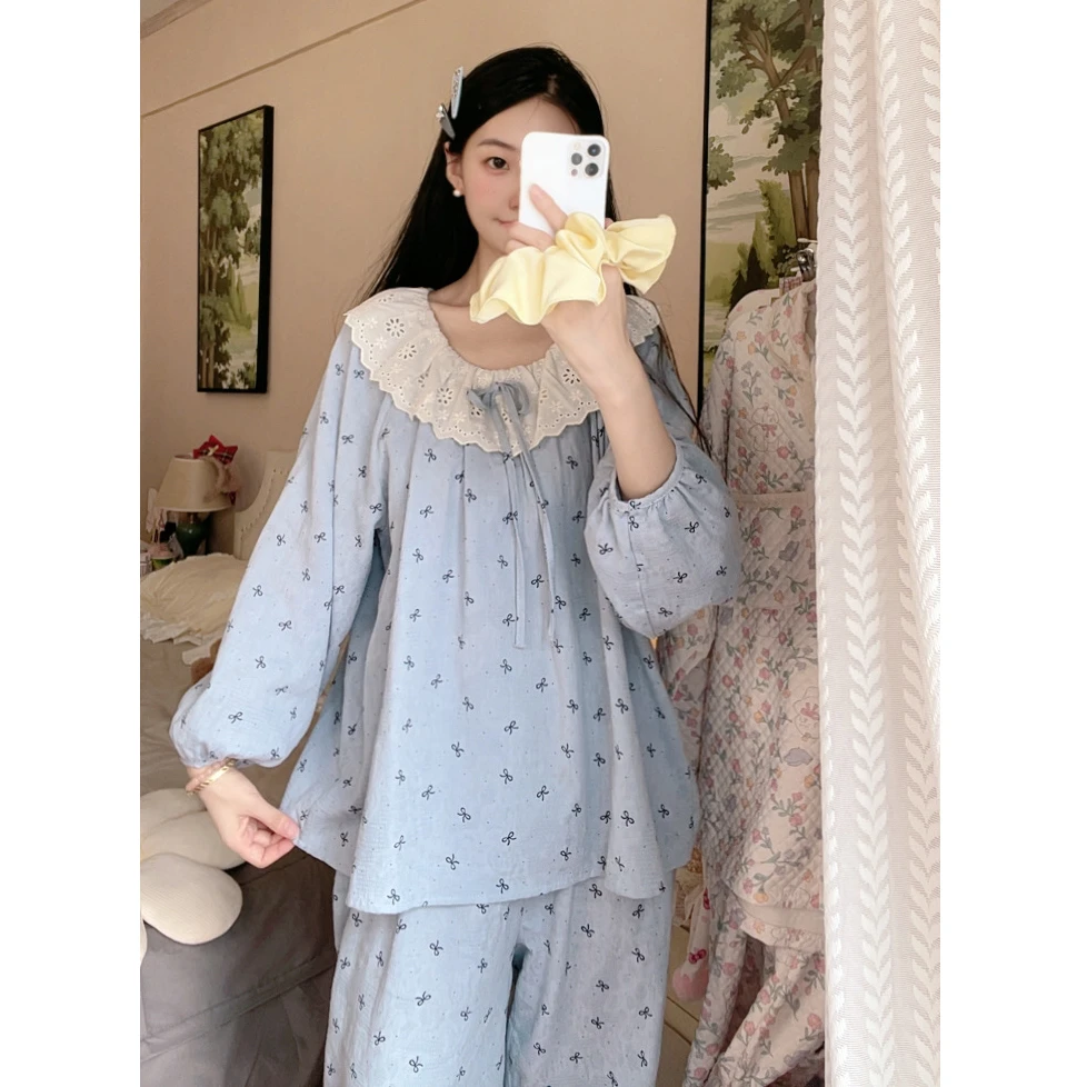 纯棉睡衣女春秋季套装圆领韩版甜美蕾丝长袖长裤宽松可外穿家居服