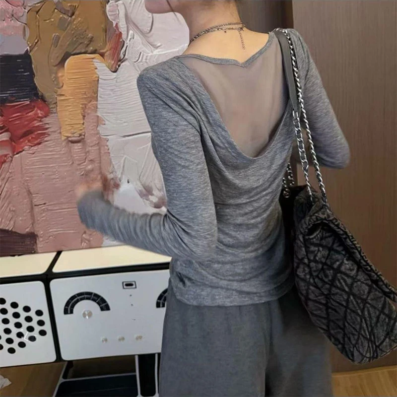 露背网纱拼接圆领长袖打底t恤女2025秋季设计感小众辣妹上衣超
