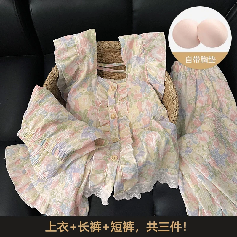 【三件套花田少女】自带胸垫夏季短袖女士睡衣甜美风家居服套装