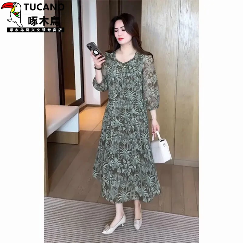 啄木鸟春季新款修身显气质减龄洋气连衣裙2025长袖聚酯纤维圆领