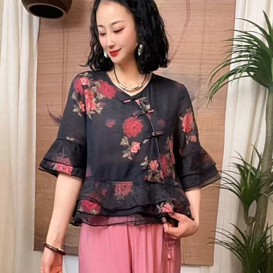 468-2新品正版高货欧根纱花边显瘦新中式百搭气质网红禅意小衫