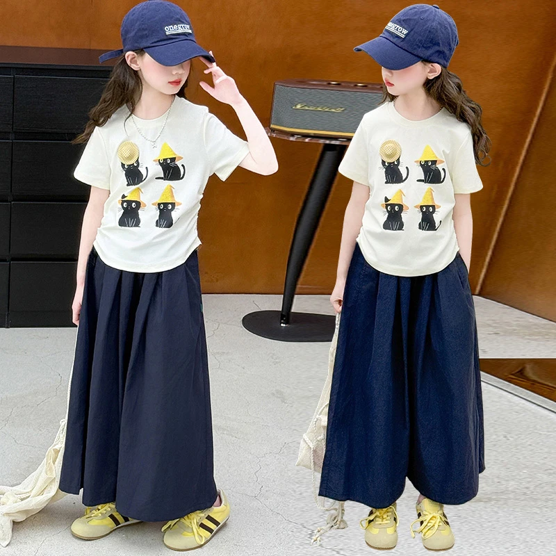女童夏装新款套装中大童儿童洋气女孩时髦短袖T恤阔腿裤两件套潮
