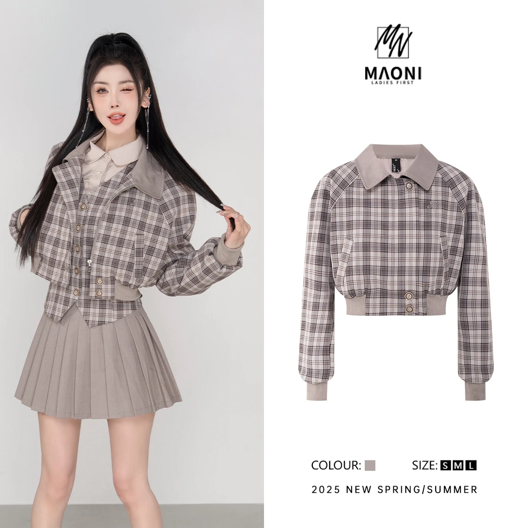 毛妮Peshe【格纹短外套】翻领长袖休闲百搭复古外套女2025春L1272