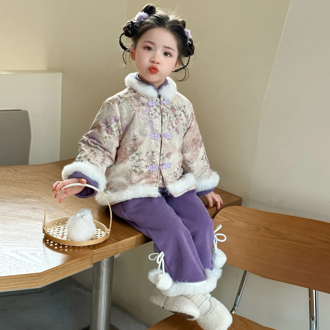 儿童汉服女童新中式国风套装加厚冬装女宝小童过年衣服新年拜年服