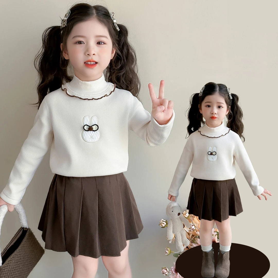 女童秋冬季半高领加绒保暖打底衫宝宝冬款一体绒内搭儿童洋气上衣