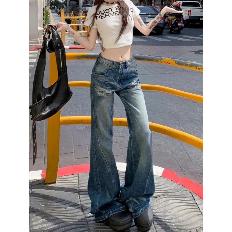 高个子加长版美式复古微喇牛仔裤女春季辣妹低腰宽松直筒喇叭裤潮