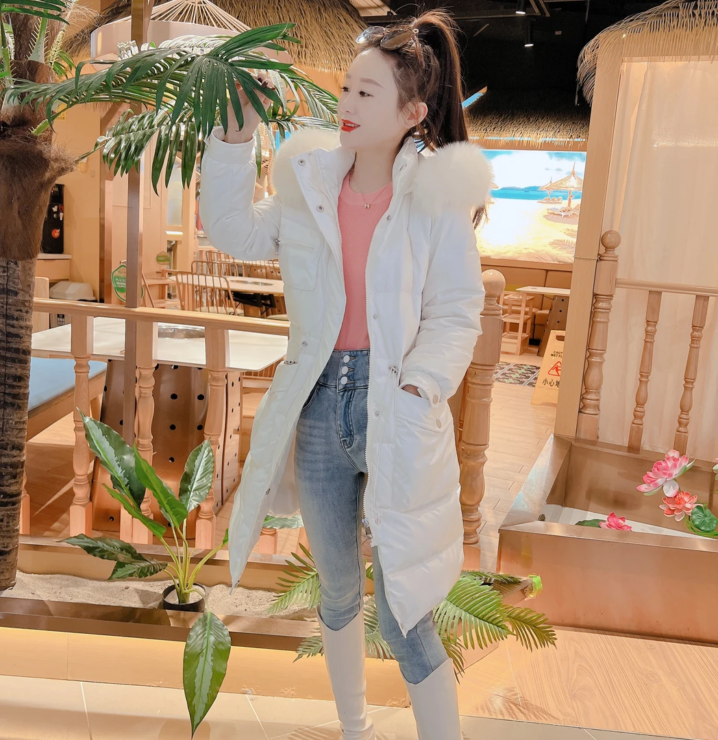 正品狐狸毛羽绒服生日冬季新款修身白鸭绒连帽外套领收腰中长款