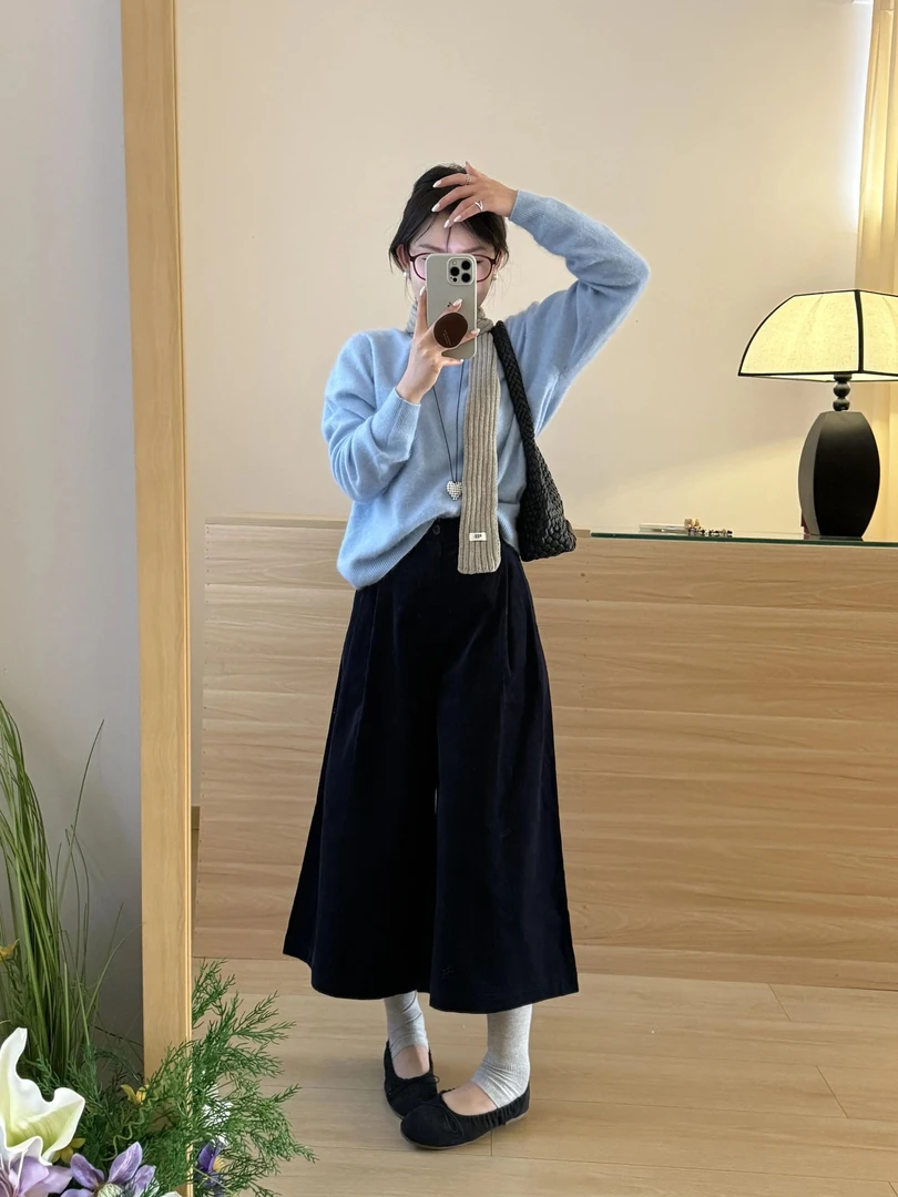 2025秋季新款通勤韩系穿搭蓝色气质针织衫上衣高腰休闲阔腿裤套装