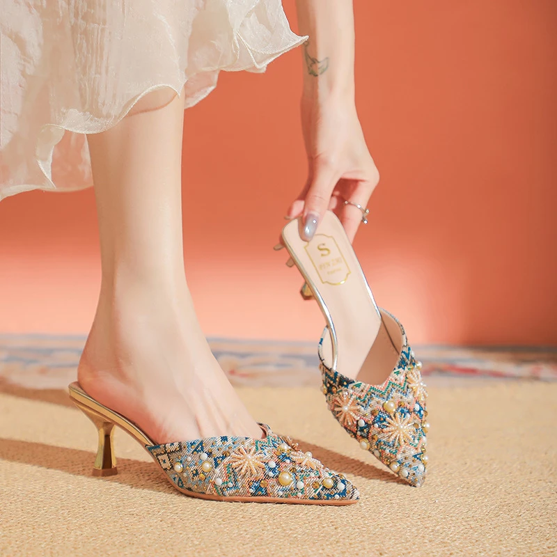 软底  气质水钻高跟外穿包头拖鞋2025年春夏秋季新款水钻半拖凉拖