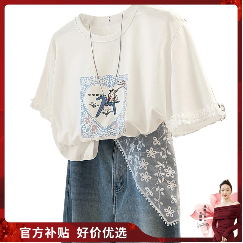 丝柏舍2025夏季新款女装时尚印花蝴蝶结装饰休闲圆领T恤S52X4362T