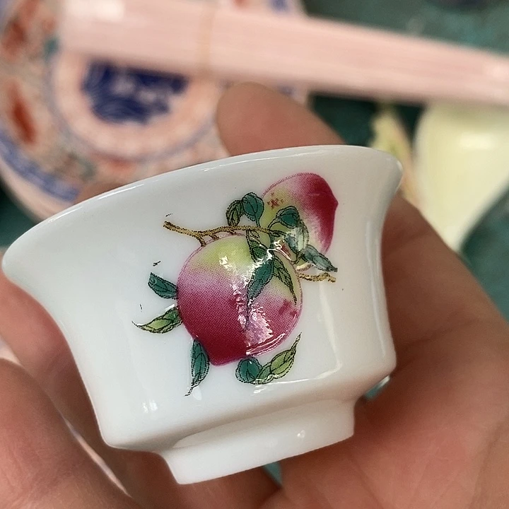 摆件陶瓷纯色寿桃马蹄杯 玩玉
