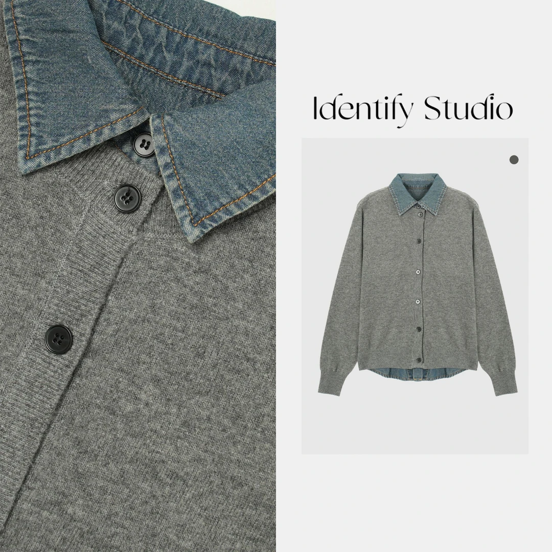 IDENTIFY冬季时尚牛仔拼接翻领单排扣纯羊毛开衫25AWG120845