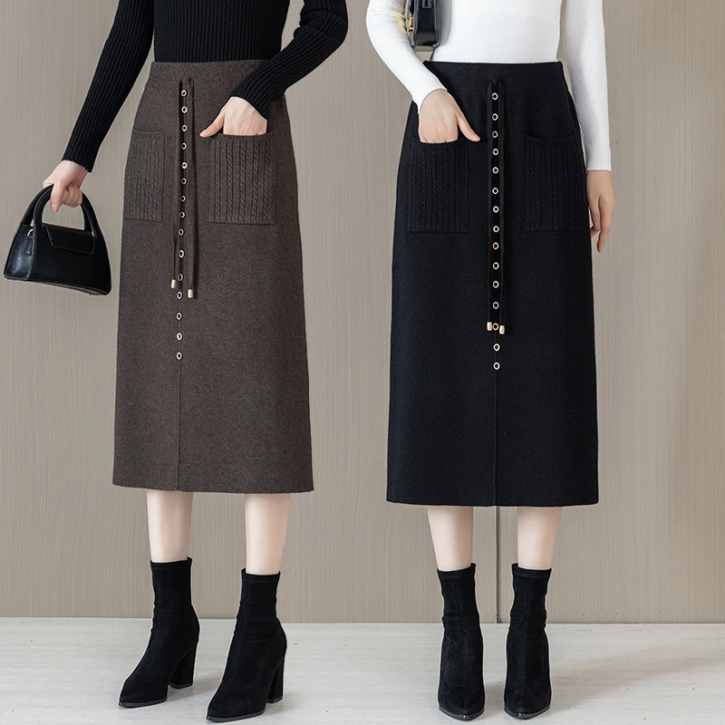针织半身裙春秋新款中长款梨形遮胯修身显瘦毛线a字一步包臀裙子