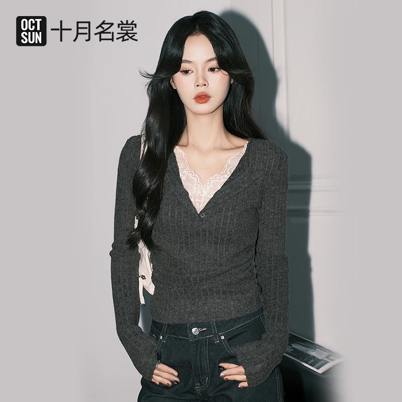 十月名裳孕妇设计感蕾丝拼接假两件针织衫简约百搭长袖针织上衣女