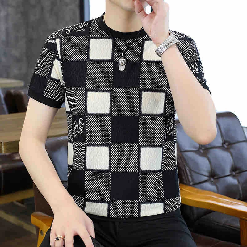 阿飞男装男士夏季新款时尚潮流百搭高品质冰丝薄款圆领短袖修身男