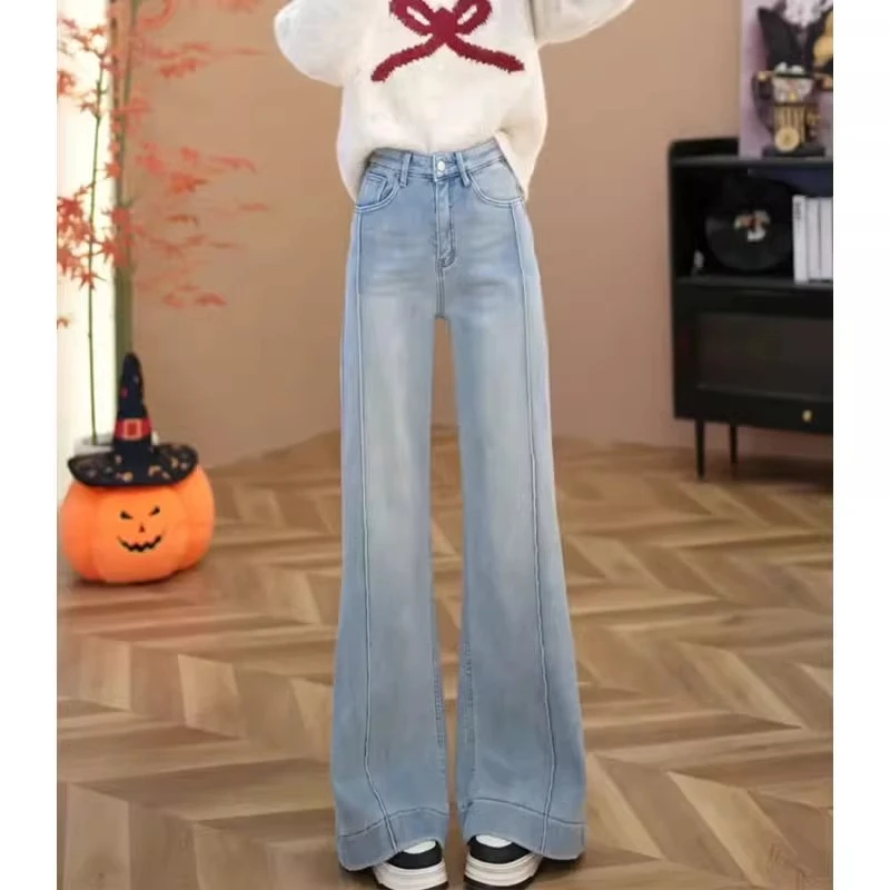 浅蓝色2025年夏季新款宽松高腰百搭显瘦直筒弹力不贴腿微喇牛仔裤